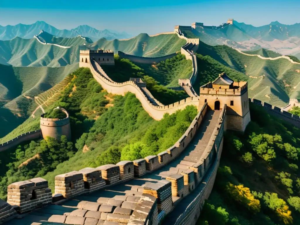 Vista panorámica de la Gran Muralla China, con sombras alargadas bajo el sol de la tarde