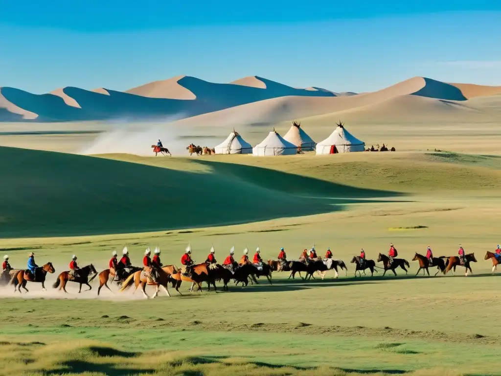 Vista panorámica de la estepa mongola con guerreros montados en trajes tradicionales, reflejando la grandeza del Imperio Mongol, su historia y cultura