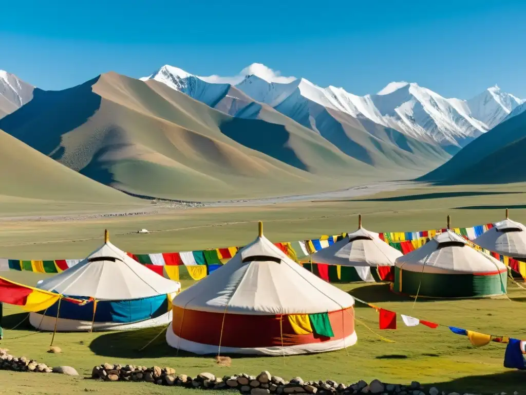 Vista panorámica de la histórica frontera entre el Imperio Mongol y el Tíbet, con una escena de diplomacia y alianzas culturales en primer plano