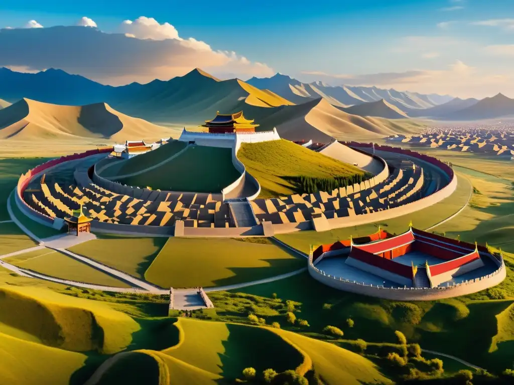 Vista panorámica del Imperio Mongol bajo Kublai Khan, mostrando la diversidad de paisajes, gente y culturas