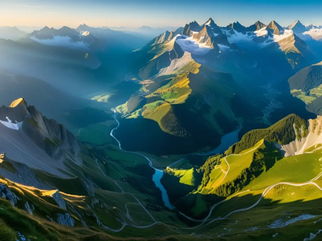 Vista panorámica de los imponentes Alpes al atardecer, evocando los obstáculos de la Conquista Mongola de Europa