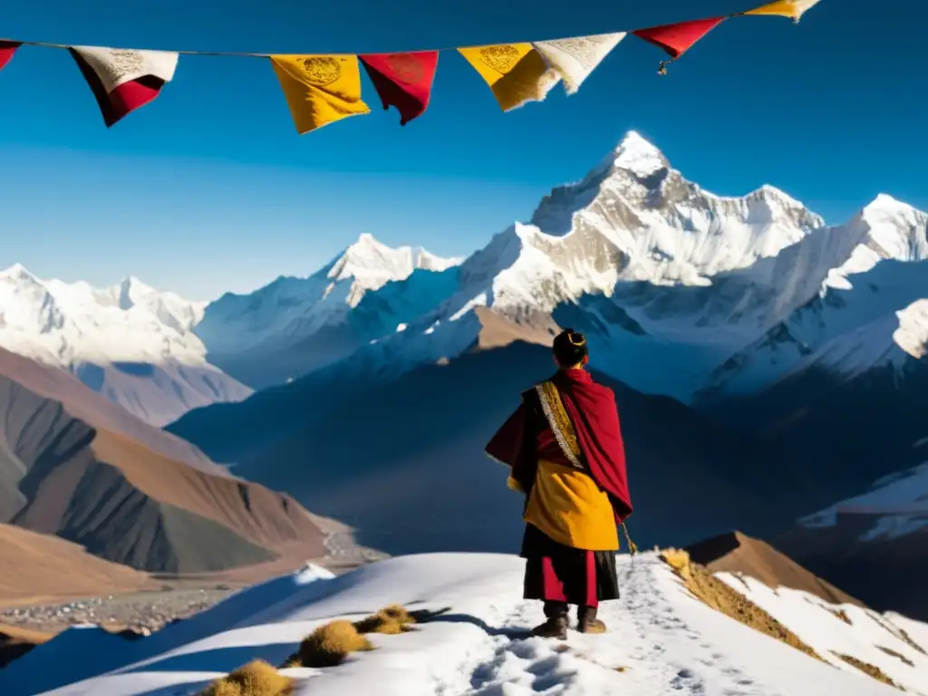 Vista panorámica de las imponentes montañas del Himalaya al amanecer, con una figura solitaria vestida con atuendo tibetano y banderas de oración