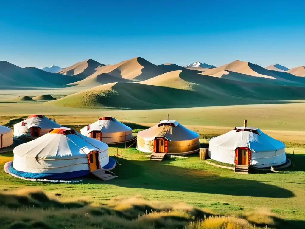 Vista panorámica impresionante de la extensa estepa mongola con un campamento de yurtas tradicionales en la distancia