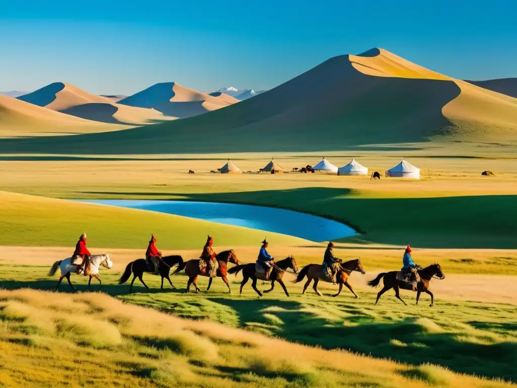 Vista panorámica impresionante de las extensas estepas de Mongolia con jinetes a caballo y una yurta