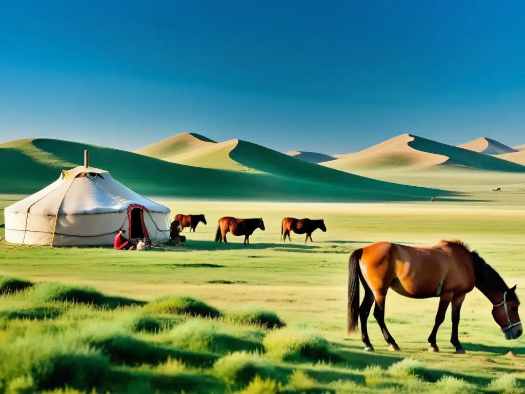 Una vista panorámica impresionante de la estepa mongol, con una familia nómada y su ganado