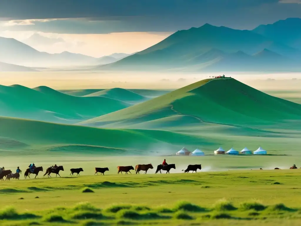 Una vista panorámica impresionante de la estepa mongol, con una familia nómada pastoreando su ganado