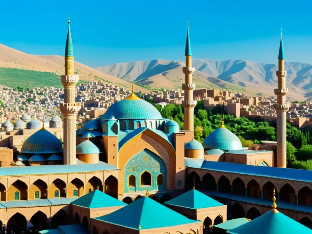 Una vista panorámica impresionante de la histórica ciudad de Tabriz, con la icónica Mezquita Azul y el bullicioso bazar