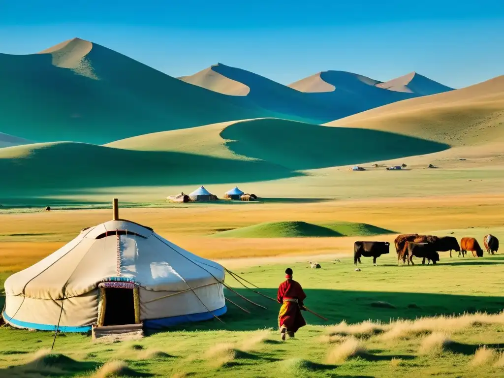 Una vista panorámica impresionante de la vasta estepa mongol, con una familia nómada en su yurta tradicional y rebaños pastando