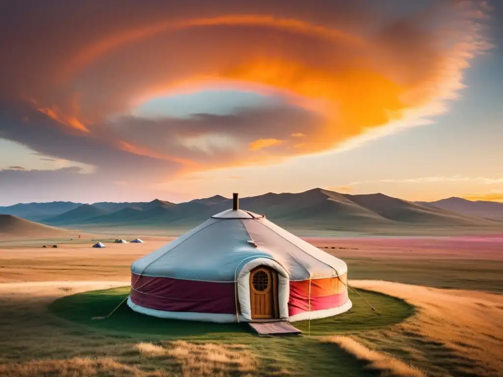 Una vista panorámica impresionante de la vasta estepa mongola, con una yurta solitaria y un atardecer brillante