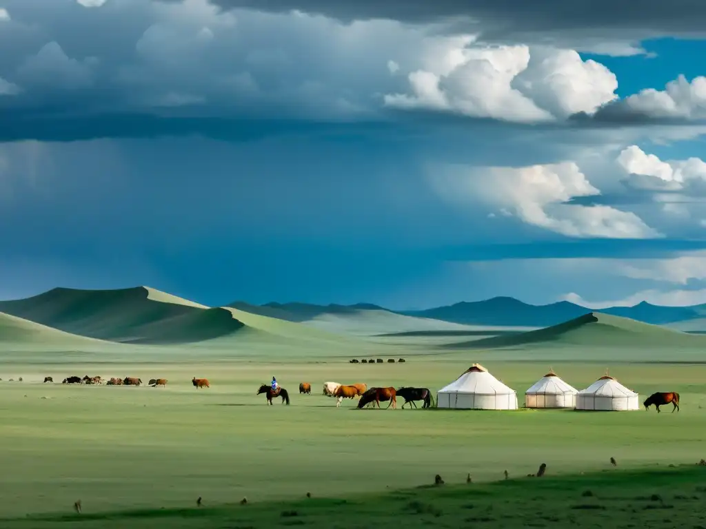 Una vista panorámica impresionante de la vasta estepa mongola, donde una familia nómada guía su ganado bajo un cielo dramático