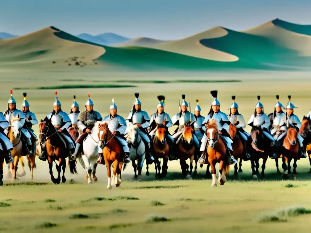 Vista panorámica de la inmensa estepa mongol con guerreros montados y logística del Imperio Mongol