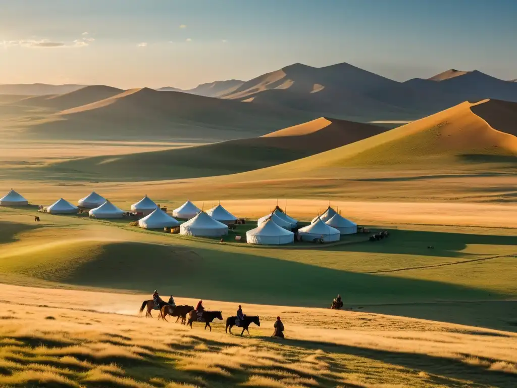 Vista panorámica de la inmensa estepa mongol con yurtas tradicionales, pastores nómadas y jinete a caballo