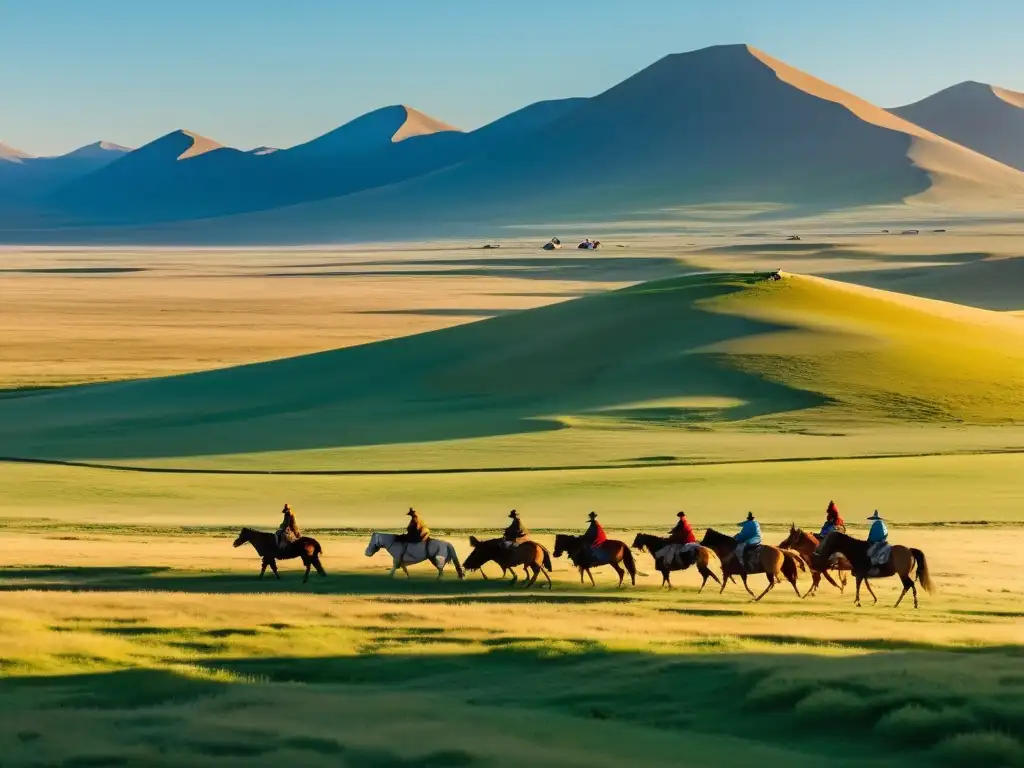 Vista panorámica de la inmensa estepa mongol con pastores nómadas y yurtas