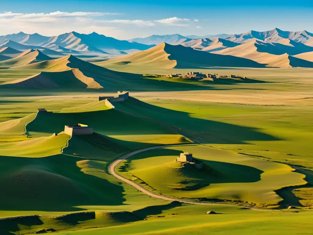 Vista panorámica de la inmensidad del paisaje mongol, revelando ruinas de fortificaciones militares