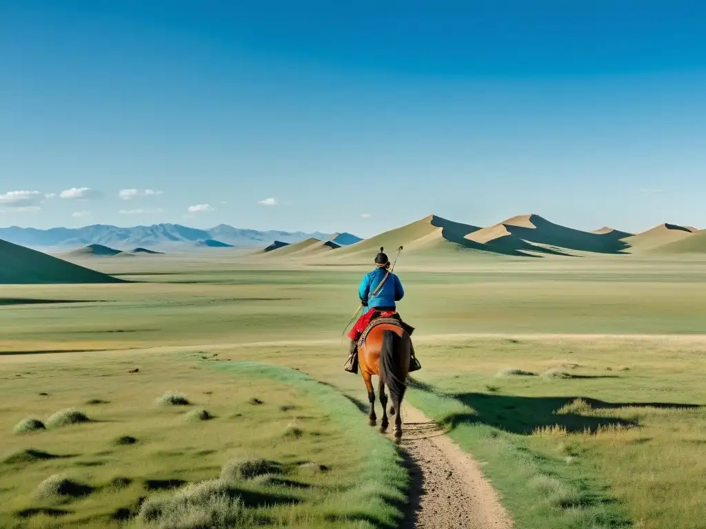 Vista panorámica de la estepa mongol con jinete solitario en traje tradicional, evocando la grandeza del Imperio Mongol y sus estrategias políticas