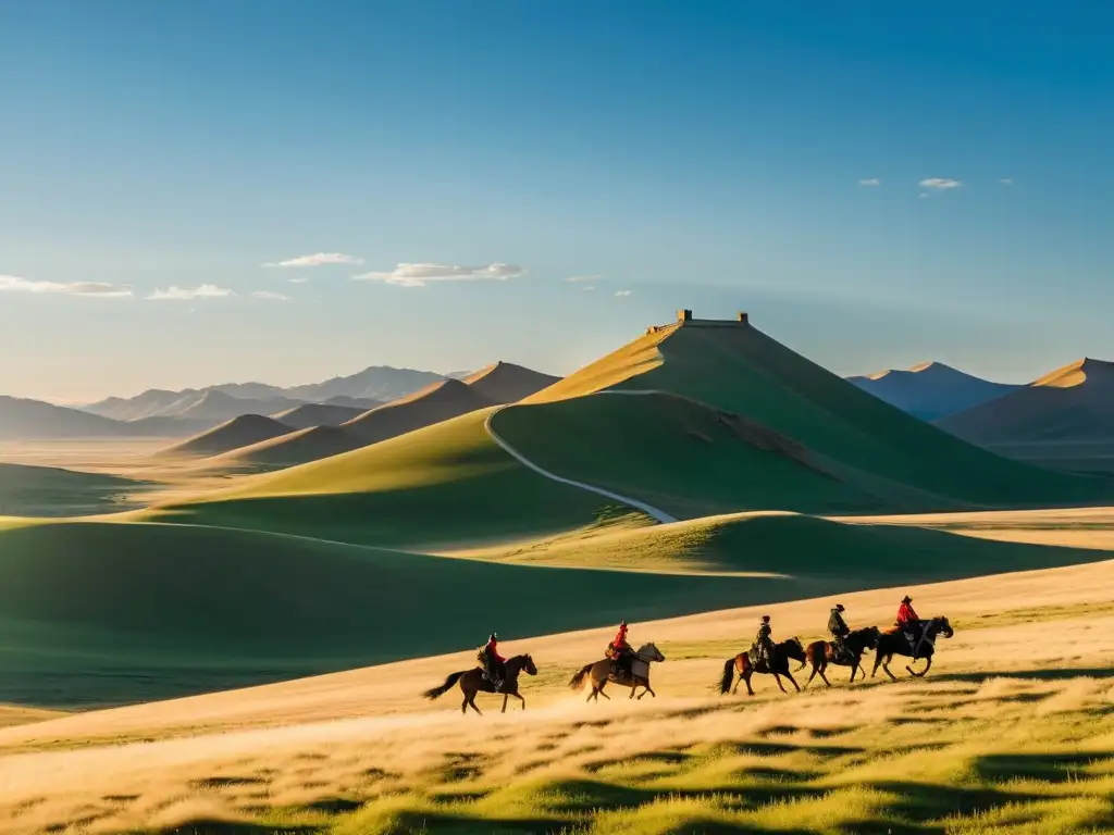 Vista panorámica de la estepa mongol con jinetes a caballo y yurtas, evocando la comunicación en el Imperio Mongol