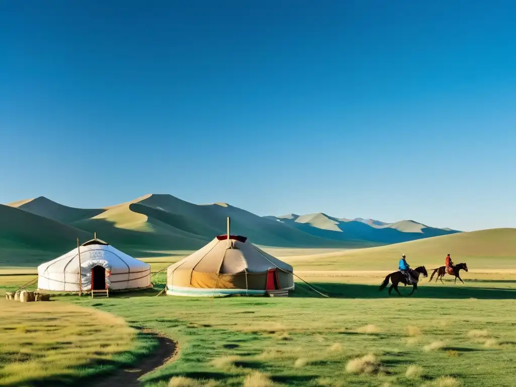 Vista panorámica de la estepa mongol con jinetes yurta, reflejando el legado cultural del Imperio Mongol