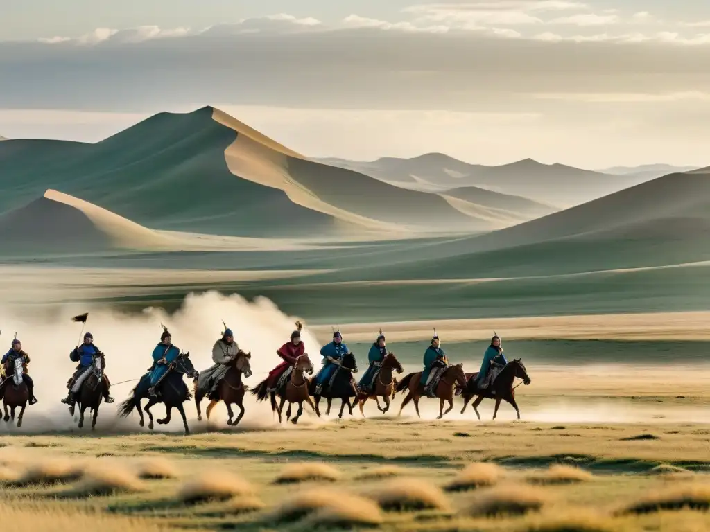 Vista panorámica de la estepa mongol con jinetes nómadas y águilas, destacando el legado del Imperio Mongol en Eurasia