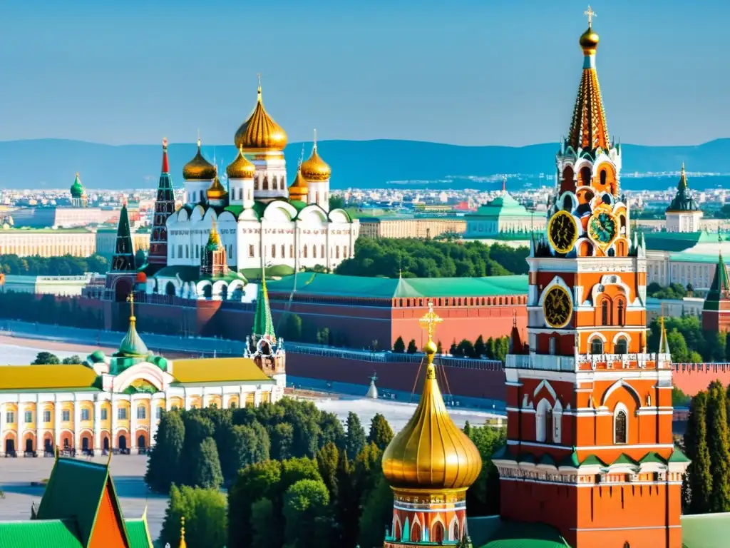 Vista panorámica del Kremlin y la Catedral de San Basilio en Moscú, mostrando la influencia del Imperio Mongol en Rusia