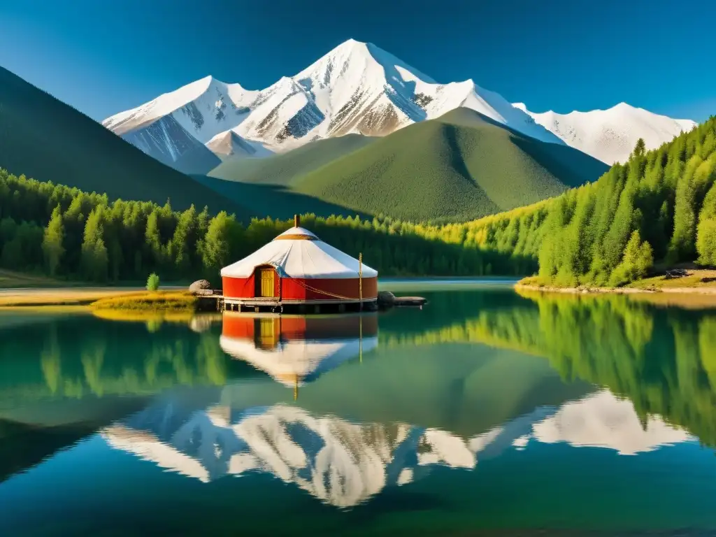 Vista panorámica del Lago Khövsgöl con montañas nevadas, bosques verdes y una yurta mongola