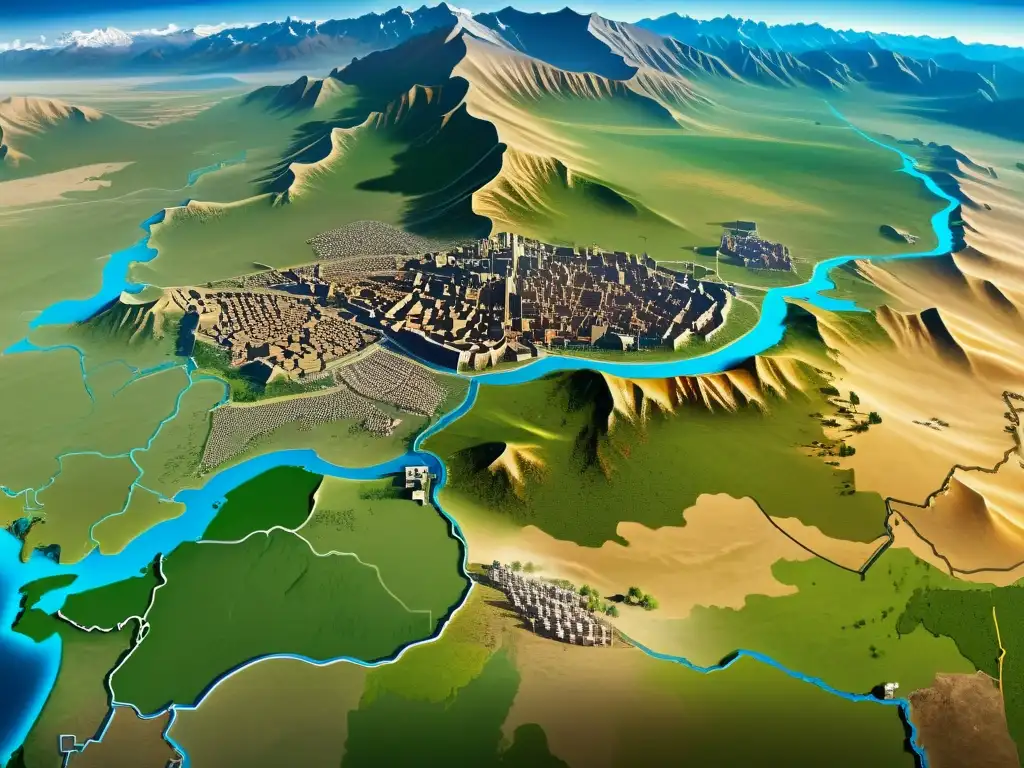 Vista panorámica del legado del Imperio Mongol, mostrando su vasto territorio y diversidad cultural en colores vibrantes y detalles impresionantes