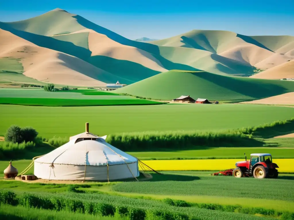 Vista panorámica de legado verde agricultura Imperio Mongol en paisaje exuberante y cielo azul