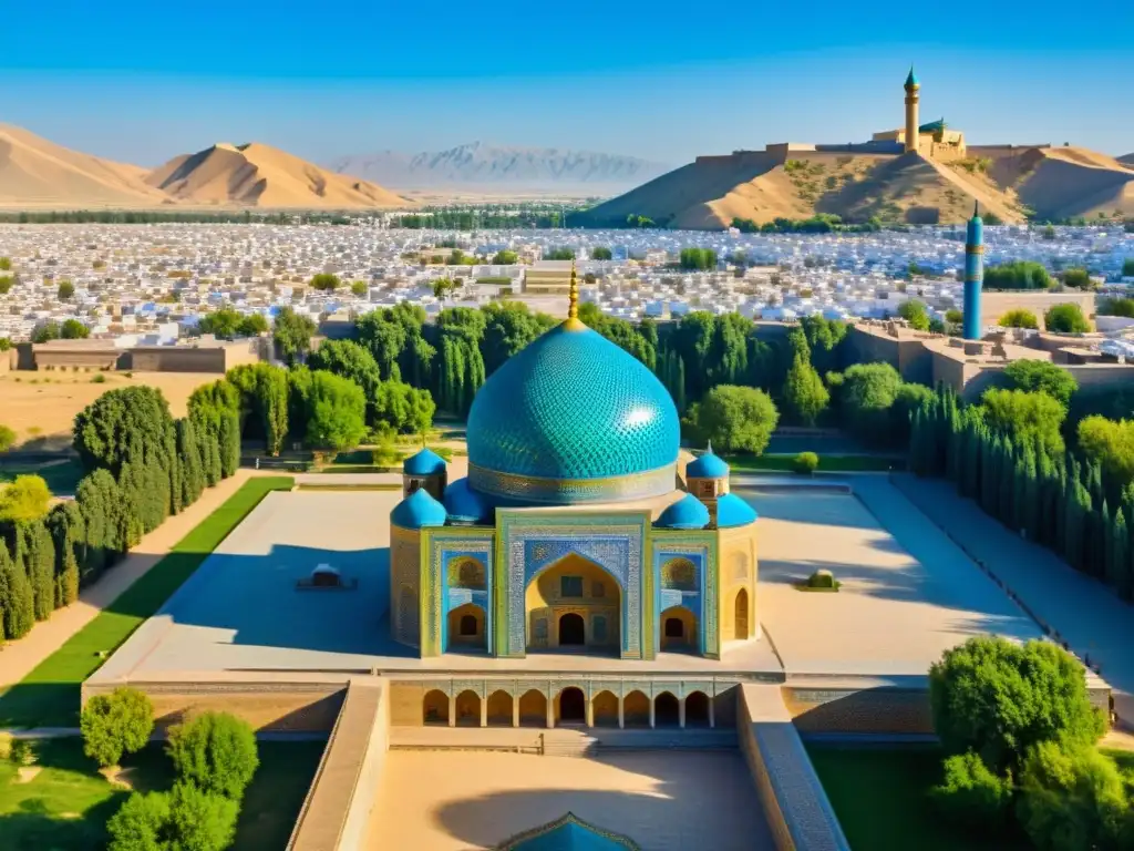 Vista panorámica de Samarcanda con el Registan Square, madrasas iluminadas por el sol, la diplomacia mongola en Medio Oriente