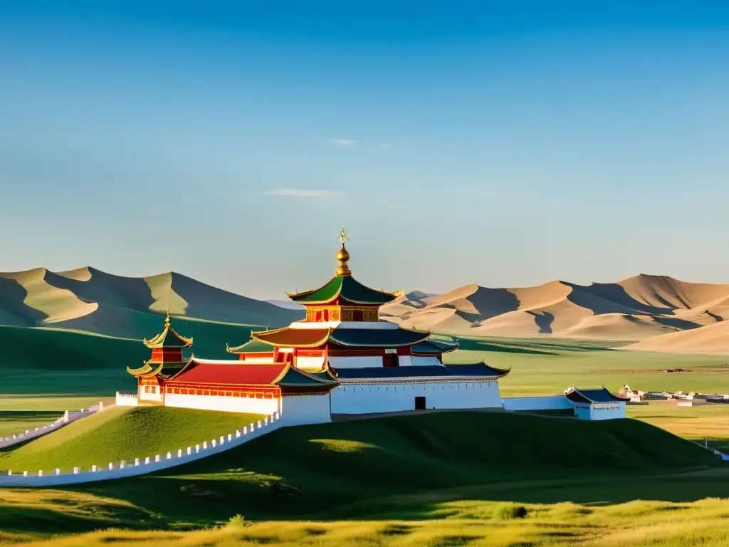 Vista panorámica de la majestuosa Erdene Zuu Monastery en Kharkhorin, Mongolia, capturando la esencia espiritual del Imperio Mongol