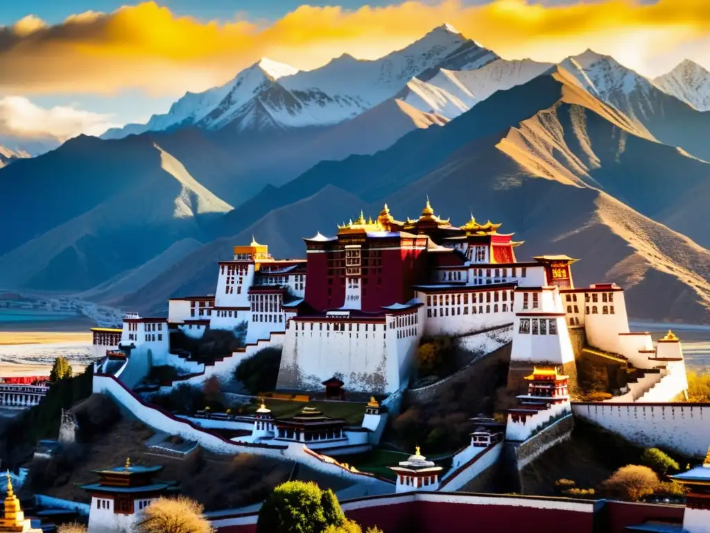 Vista panorámica del majestuoso Palacio de Potala en Lhasa, Tíbet, con los picos nevados del Himalaya de fondo