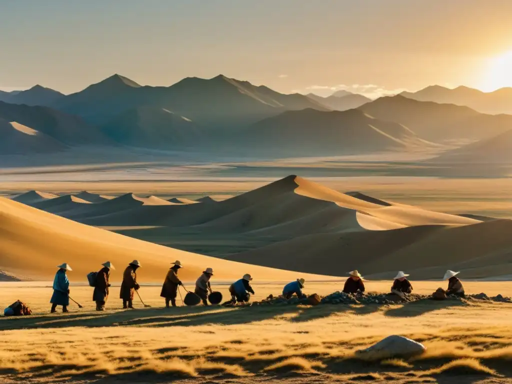 Vista panorámica de la minería sostenible en el Imperio Mongol: mineros en actividad con paisaje montañoso al fondo y una llanura abierta