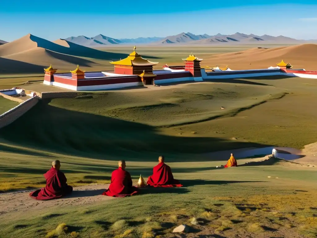 Vista panorámica del Monasterio Erdene Zuu en Kharkhorin, con detalles arquitectónicos tibetanos, banderas de oración vibrantes y paisaje sereno de la estepa mongola