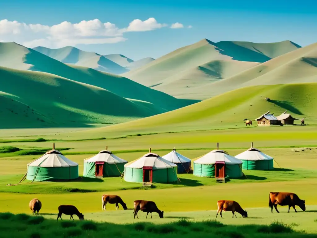 Vista panorámica de Mongolia con pastizales, yurtas tradicionales y ganado