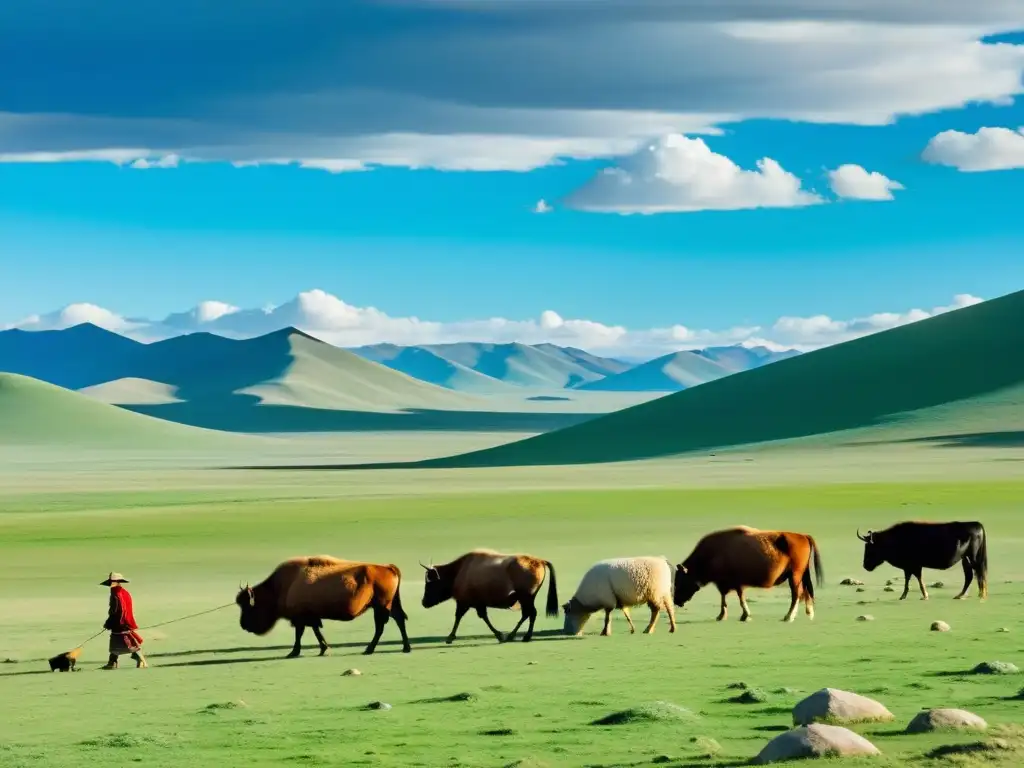 Vista panorámica de Mongolia con pastores nómadas cuidando animales sagrados en la economía nómada mongola