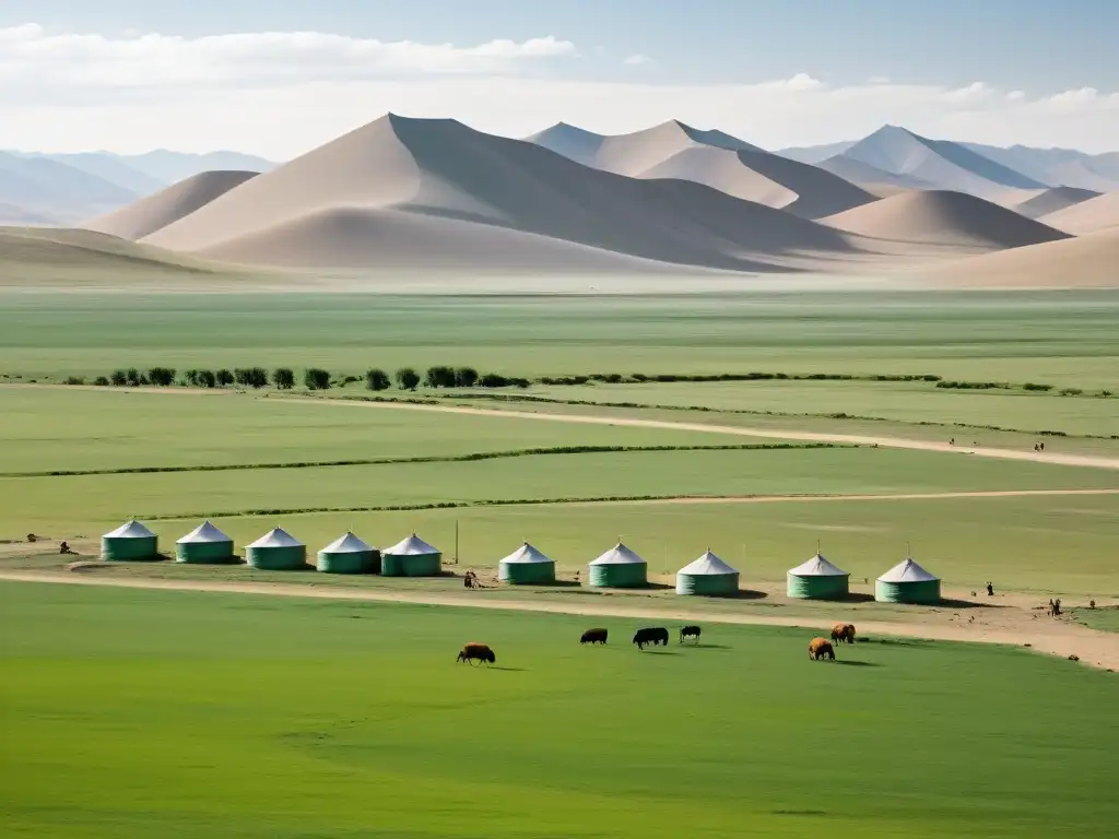 Vista panorámica de Mongolia con yurtas tradicionales, tecnologías de irrigación y paisaje árido