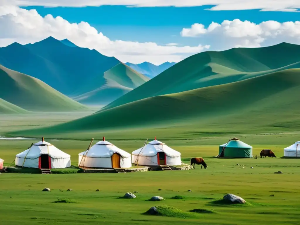 Vista panorámica de Mongolia con yurtas nómadas y montañas nevadas, capturando la esencia del Budismo en la Dinastía Yuan