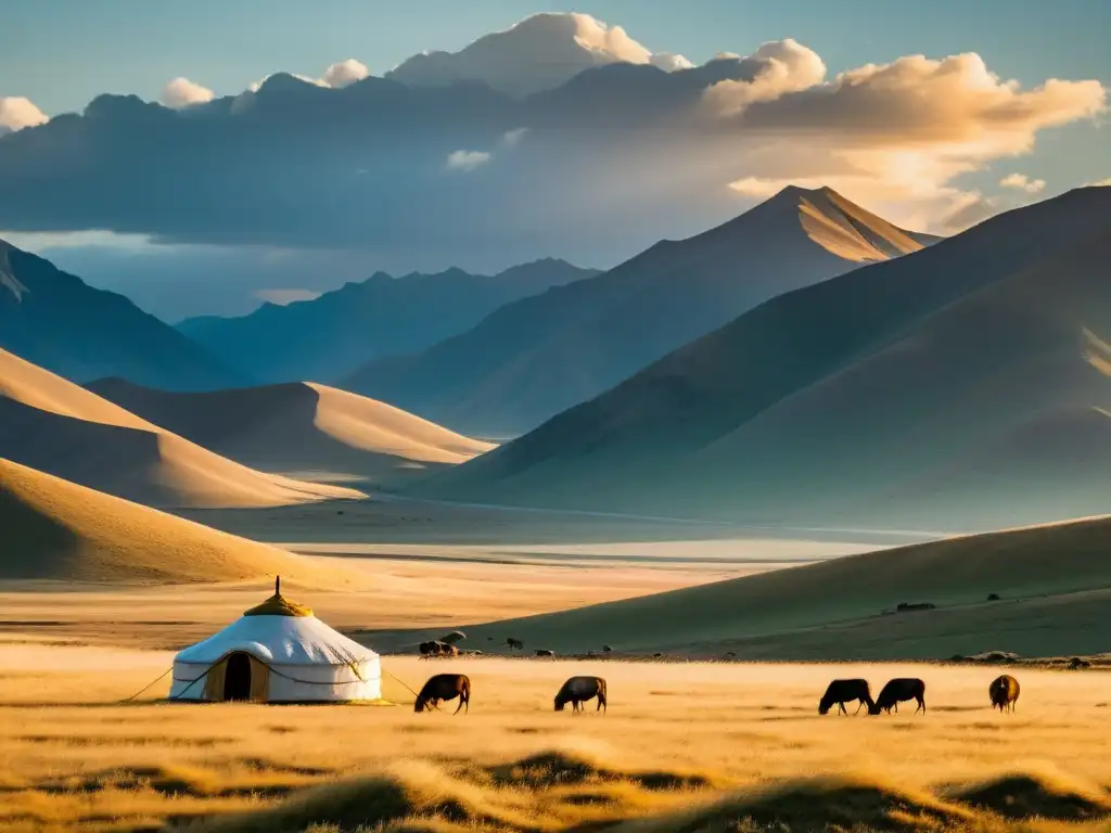 Vista panorámica de la estepa mongol con yurtas, montañas y cielo nublado