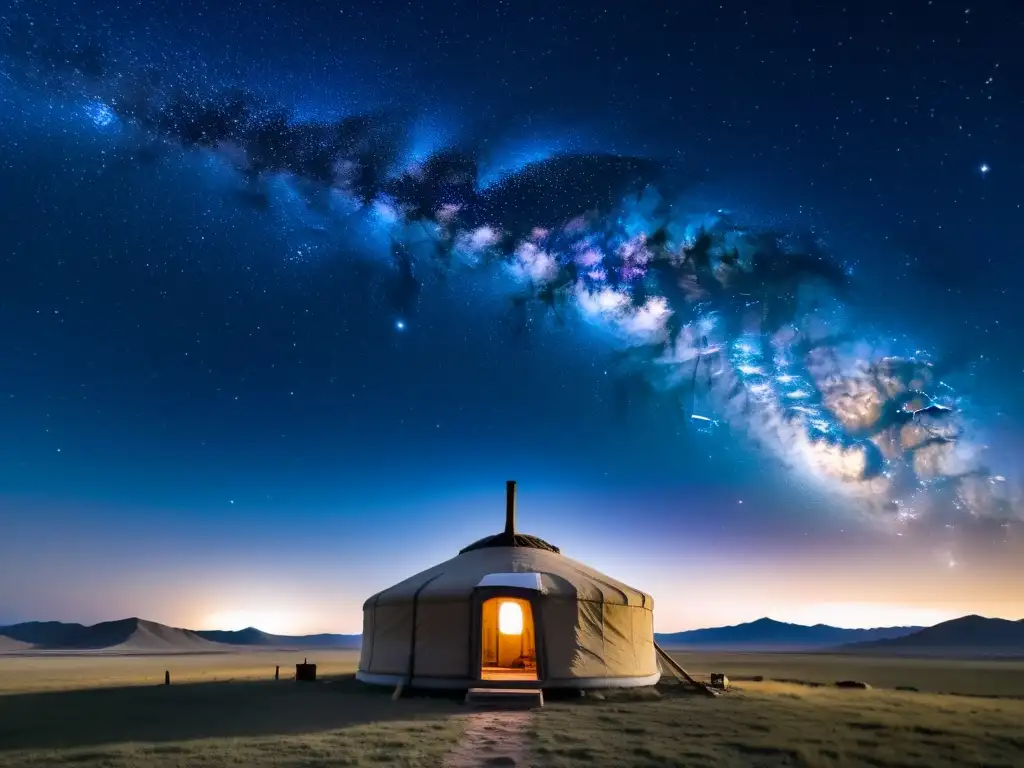 Vista panorámica de la noche estrellada sobre las estepas de Mongolia, con la silueta de un yurta y el antiguo Imperio Mongol en la distancia