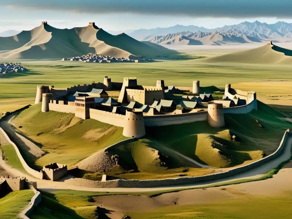 Vista panorámica del paisaje devastado por batallas del antiguo Imperio Mongol, evocando su declive militar