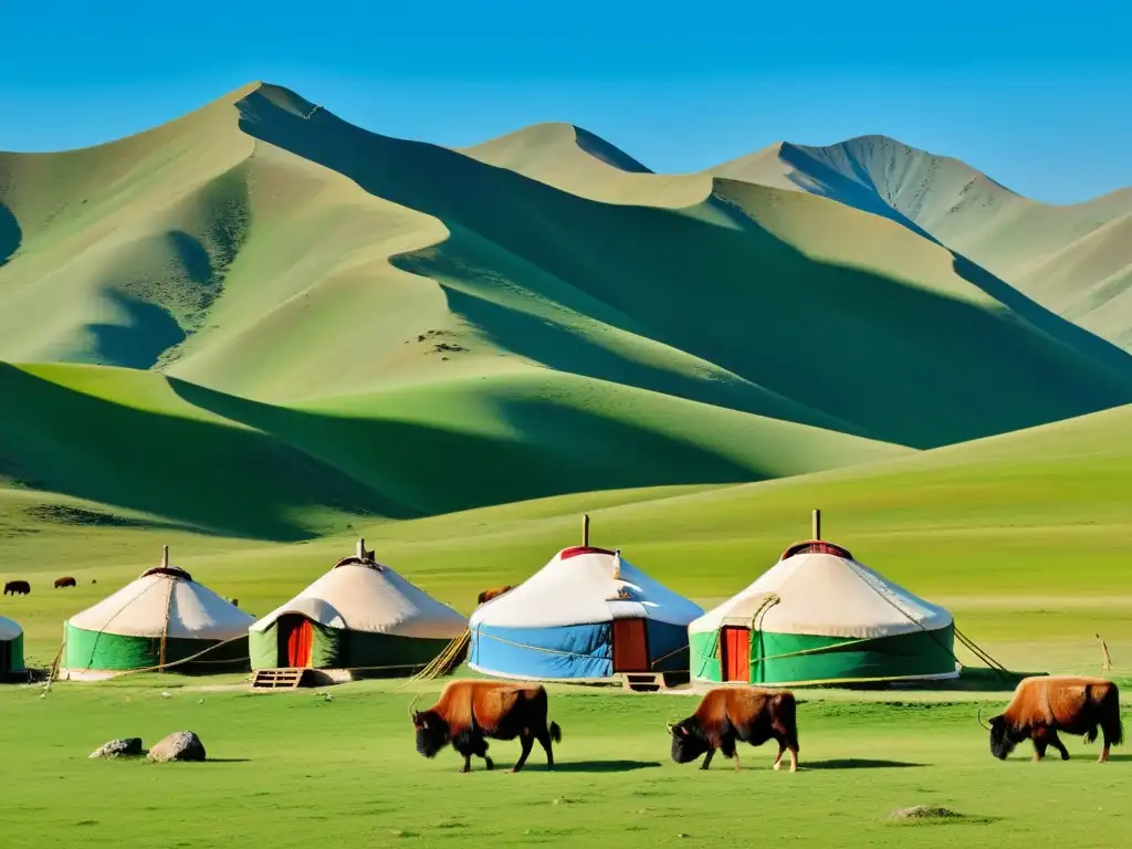 Vista panorámica del paisaje mongol con yurt y yaks