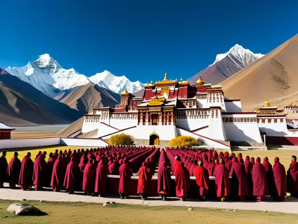 Vista panorámica del paisaje tibetano con monasterio tradicional y monjes rezando, reflejando el legado de Kublai Khan en Tíbet