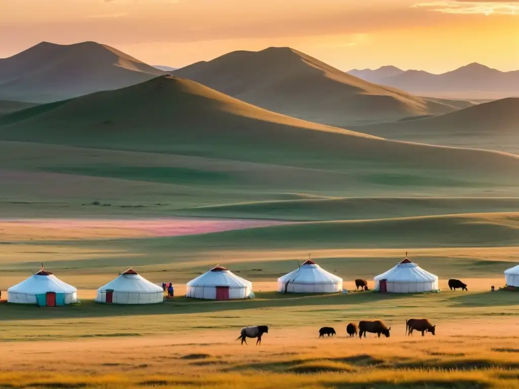 Paisaje mágico de la estepa mongola al atardecer Una vista panorámica de la estepa mongol con pastizales interminables