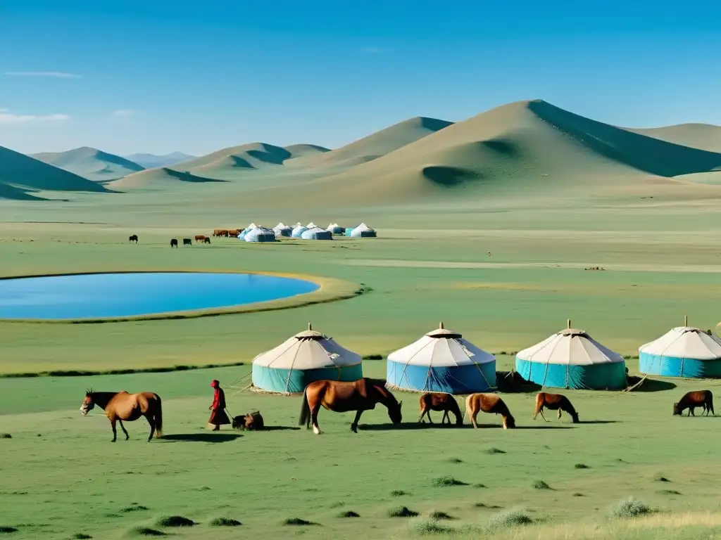 Vista panorámica de la estepa mongola con yurtas y pastores nómadas