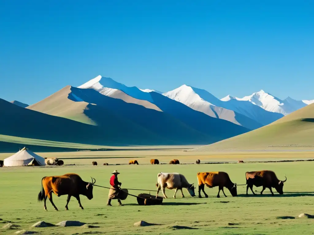 Pastoreo y labranza en las estepas de Mongolia Vista panorámica de las praderas mongolas con yurtas, granjeros y herramientas agrícolas ingenio mongol en acción