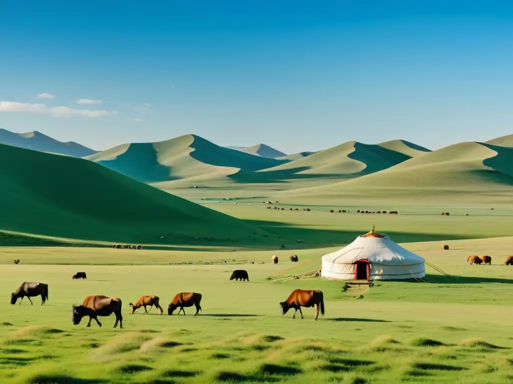 Vista panorámica de praderas mongolas con yurtas tradicionales, reflejando la vida nómada y las innovaciones agrícolas del Imperio Mongol