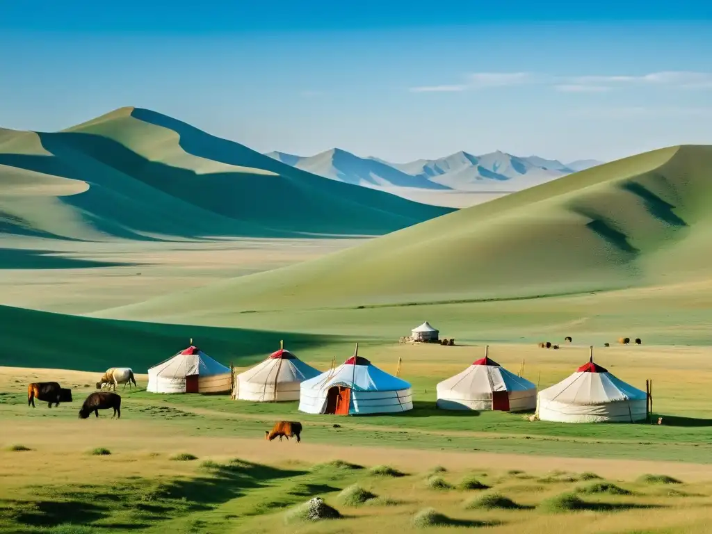 Vista panorámica de la estepa mongola con yurtas y rebaños, evocando los tributos del Imperio Mongol