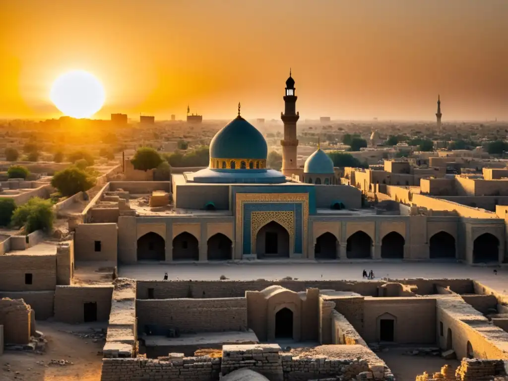 Vista panorámica de las ruinas de Bagdad al atardecer, con la Conquista Mongol del Califato Abasí como telón de fondo