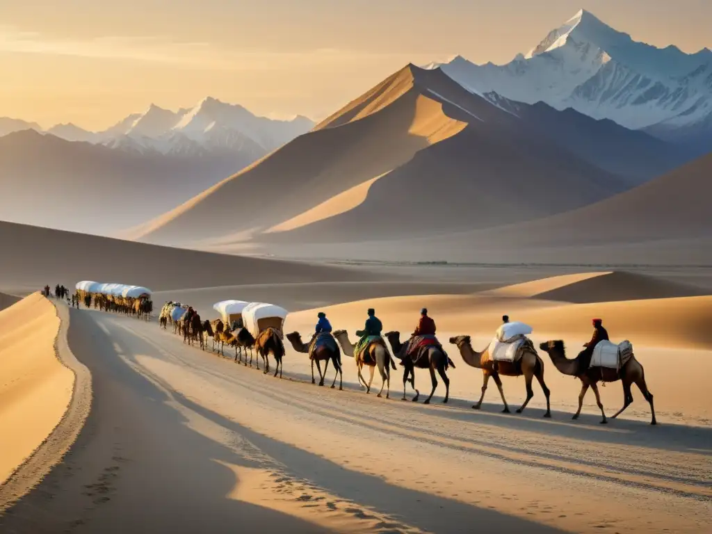 Vista panorámica de la Ruta de la Seda, con caravanas de camellos y asentamientos nómadas bajo el influjo del Imperio Mongol