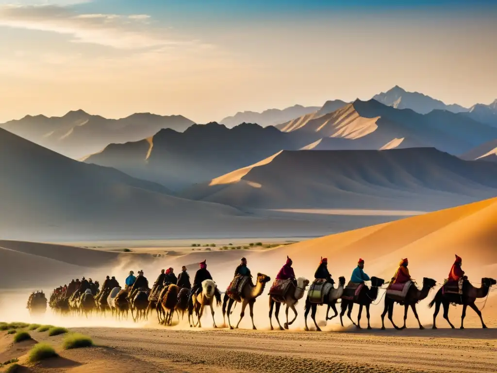 Vista panorámica de rutas comerciales seguras bajo el Imperio Mongol, con caravanas de comerciantes y paisajes desérticos vibrantes