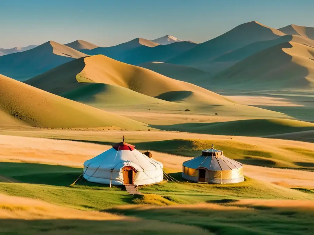 Vista panorámica serena de paisaje mongol con hábitats fragmentados y fortificaciones históricas en su entorno