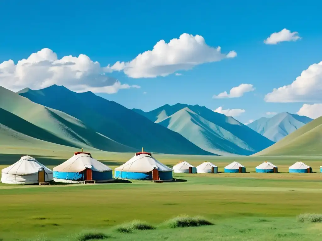 Vista panorámica de la estepa mongola con yurtas y el sistema de yam en el Imperio Mongol